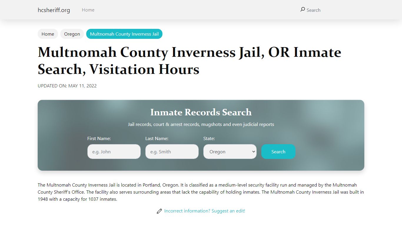 Multnomah County Inverness Jail, OR Inmate Search ...